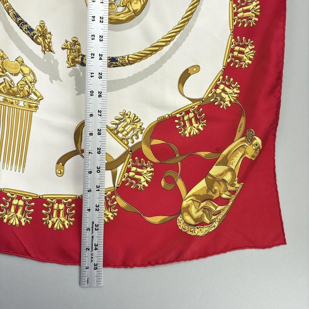 Hermes Scarf Silk Red Gold Les Cavaliers D'Or Horse Print Square Carre 90 VTG
